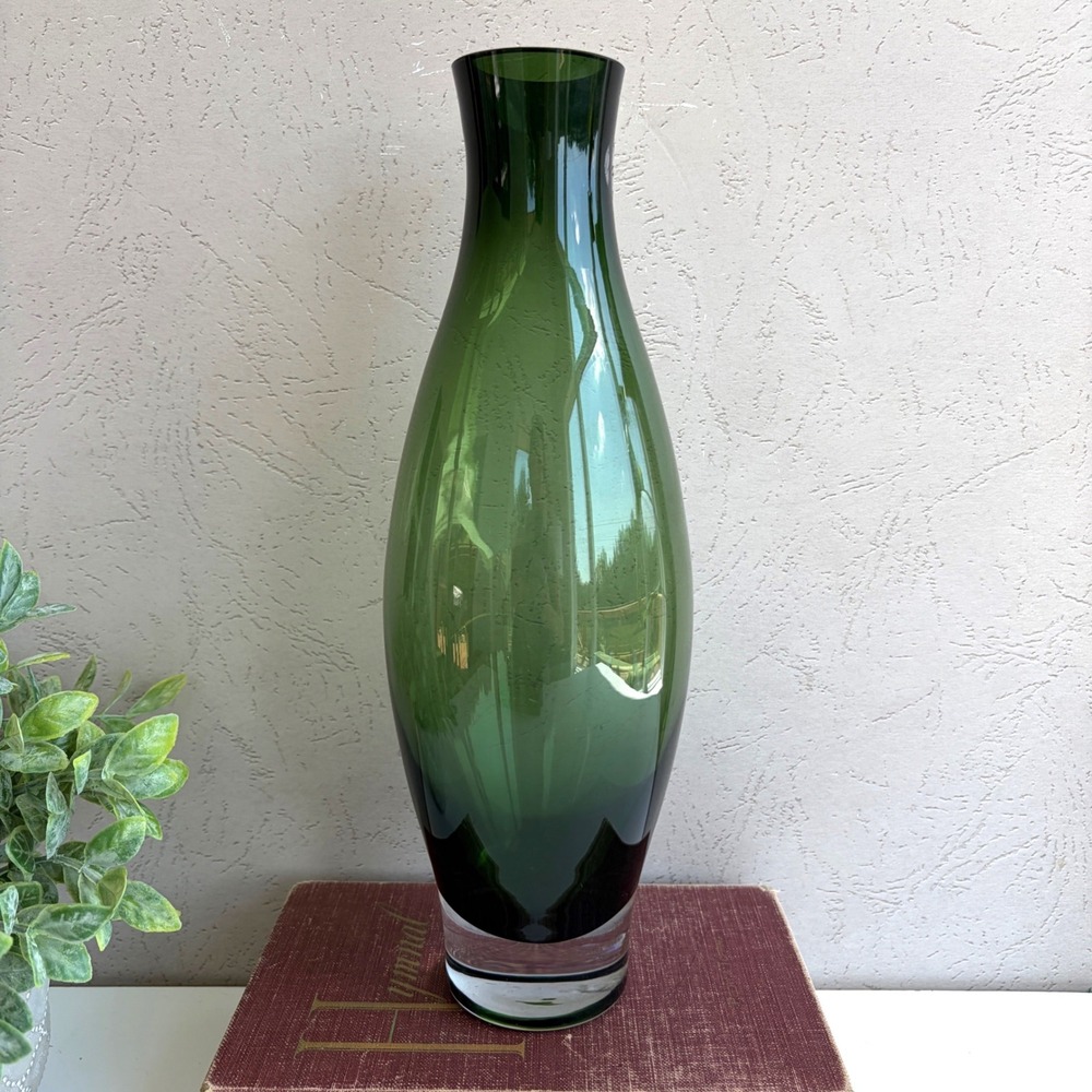 Ashland Hand Blown Forest Green Glass Vase Weighted Clear Base 13.25 Inch